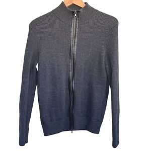 Vince Mens Sweater Gray Ribbed Wool Leather Trim Full Zip Mock Neck Size S